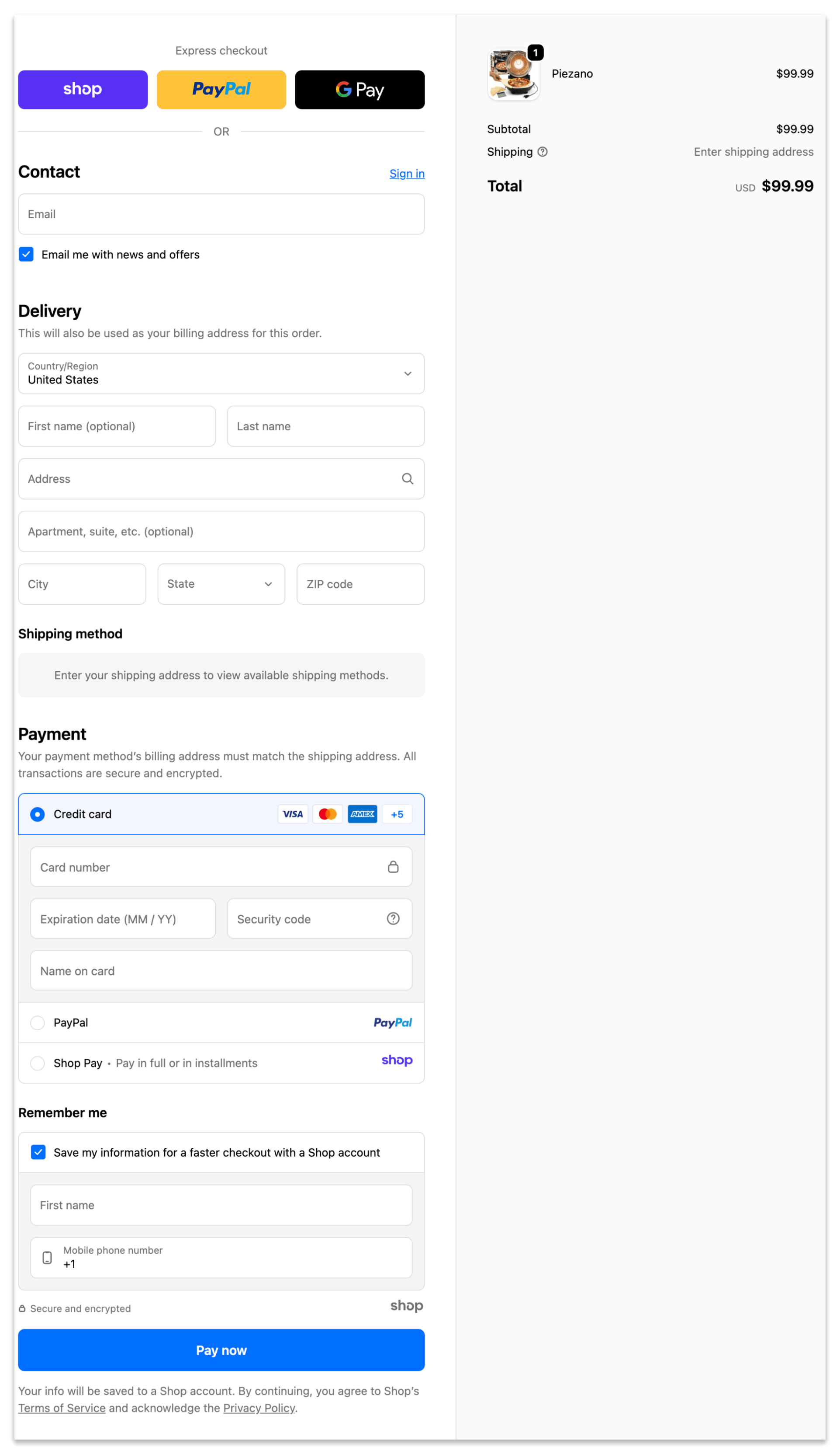 Piezano Pizza Oven checkout page.